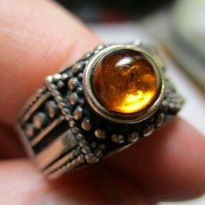 Sterling Silver 925 Estate Orange Amber Caviar Bead Band Ring Size 6